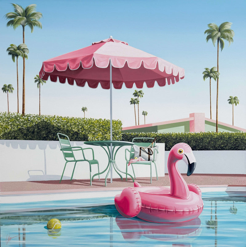 Playing From Home, original contemporary painting by Gold Coast artist Chris Riley. Pink inflatable flamingo pool float in a swimming pool with a pink umbrella and palm trees in the background.