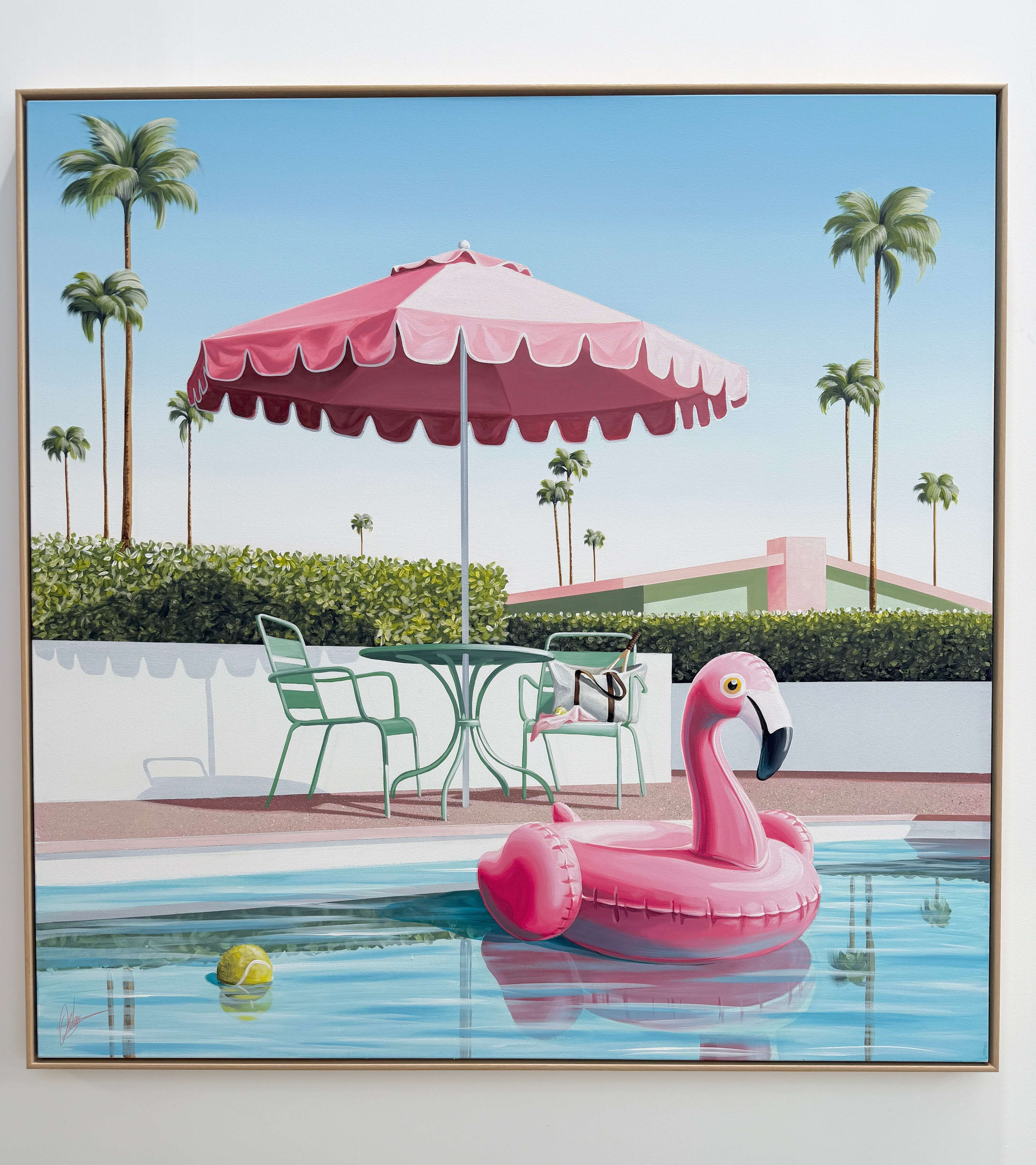 Playing From Home, original contemporary painting by Gold Coast artist Chris Riley. Framed artwork of a poolside scene with a pink umbrella, inflatable flamingo, and palm trees.